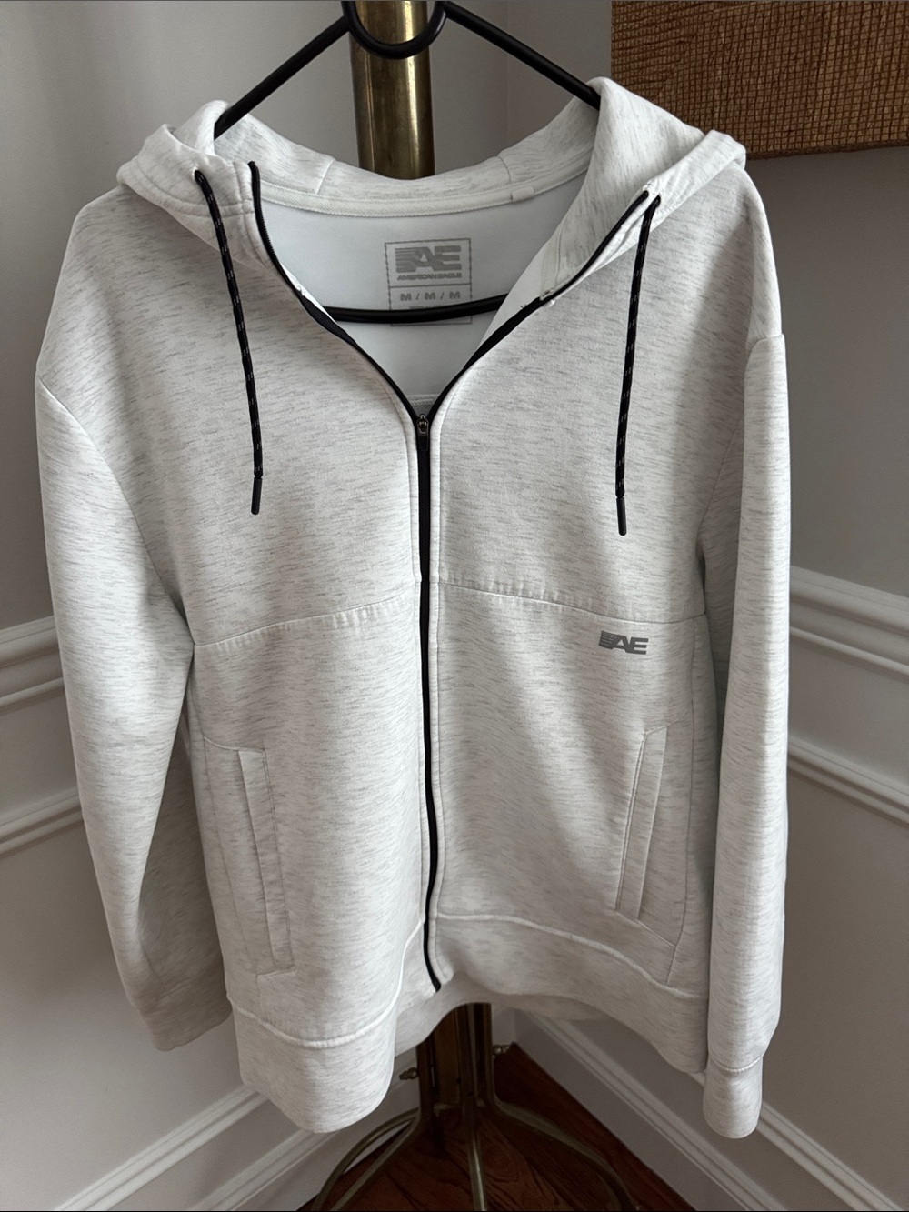 American Eagle Outfitters Light Gray Zip-Up Hoodie with Black Accents